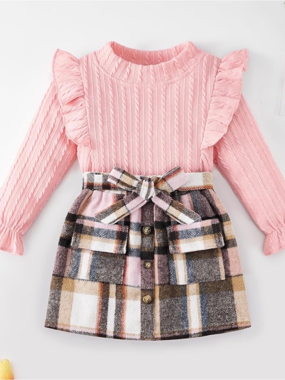 Girls 2-Piece Plaid Skirt Pink Ruffle Sweater Matching Set